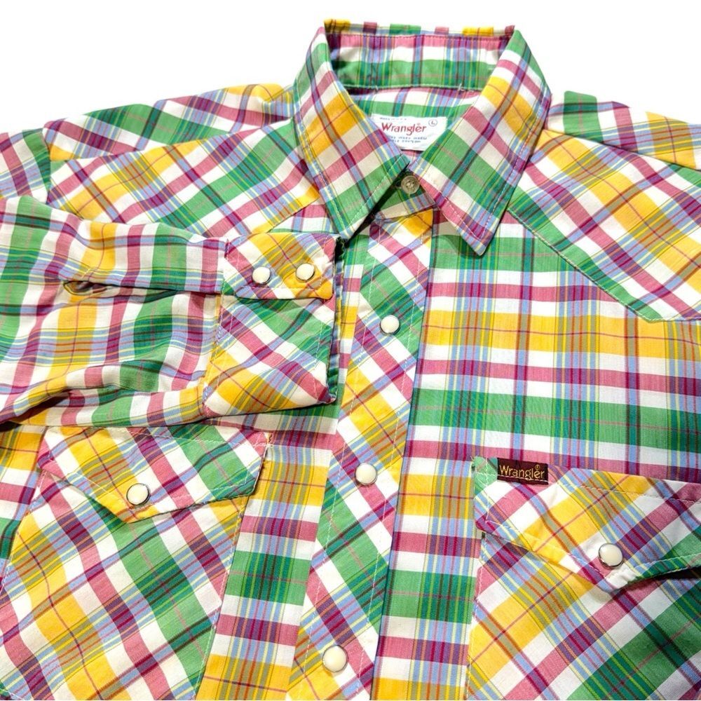 VTG Wrangler Shirt Womens Large USA Long Sleeve Pearl Snap Western Plaid Ranch